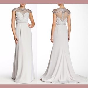 NWT $847 TERANI COUTURE‎ [SZ 8 ] Embellished Yoke Gown in Silver